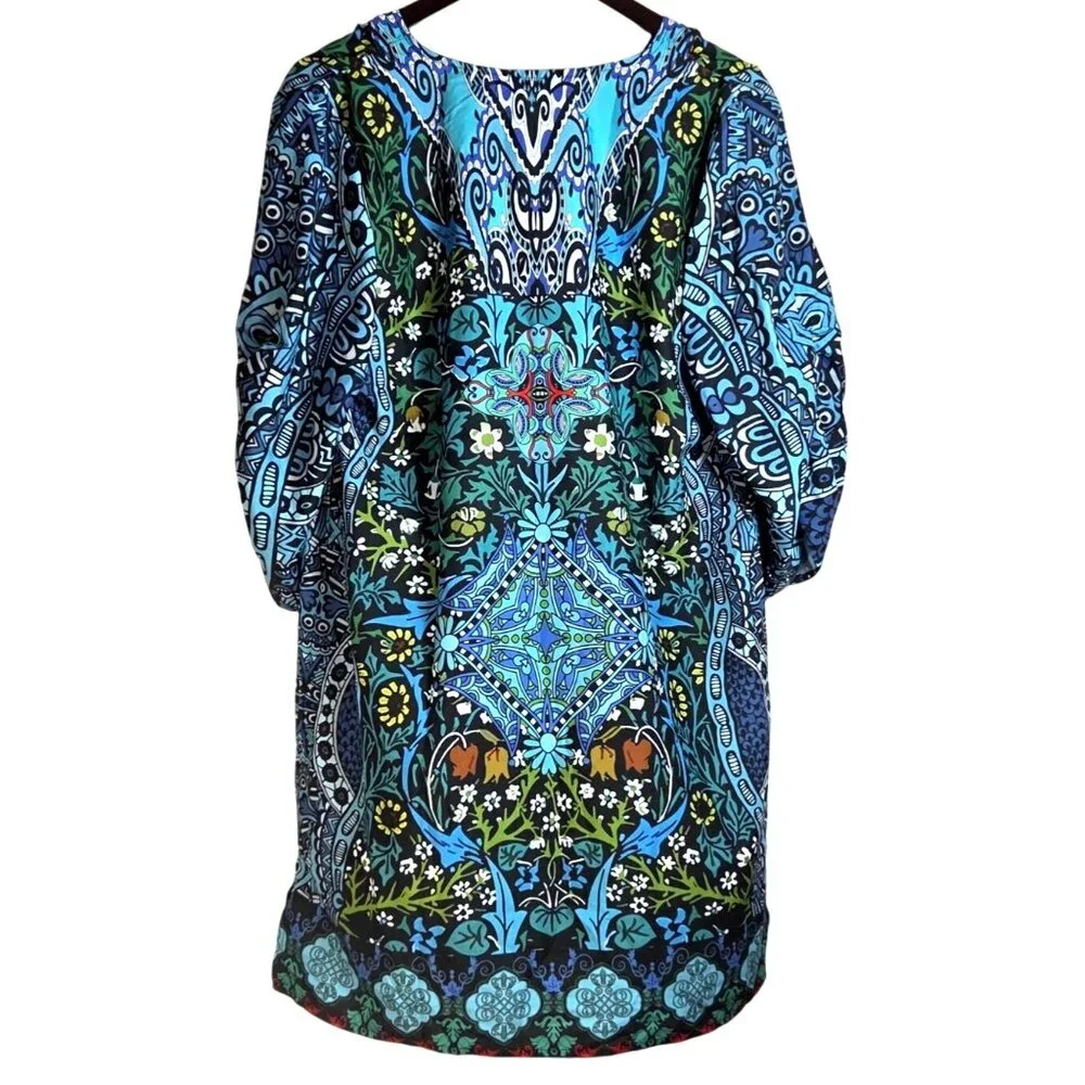 Urban CoCo Bohemian Tassel Tie Blue Floral Ethnic Style Summer Shift Dress L NWT - Picture 4 of 9